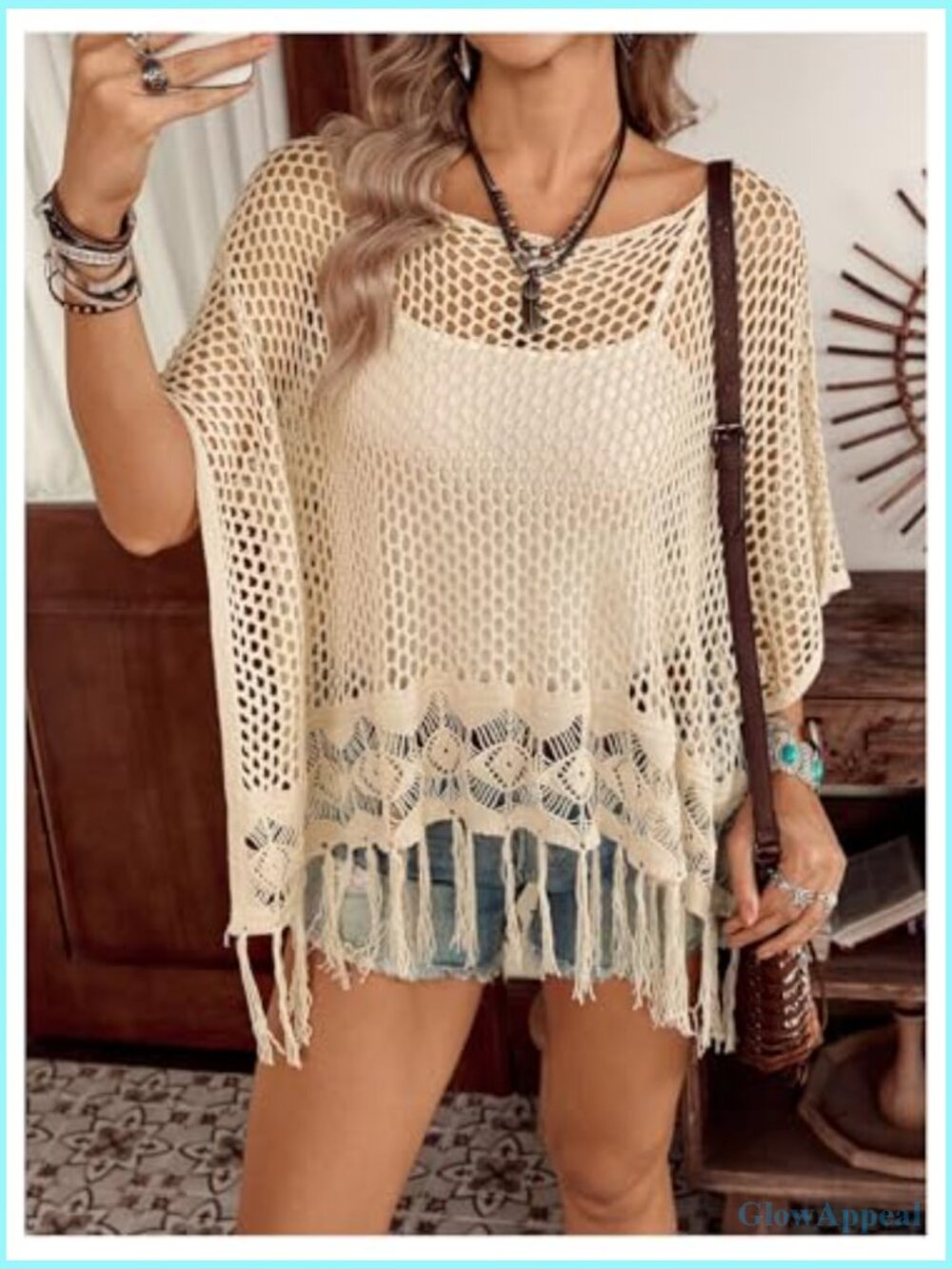Fringe Crochet Beach Cover Up Hollow Out Off Shoulder Poncho Top - Picture 4 of 5